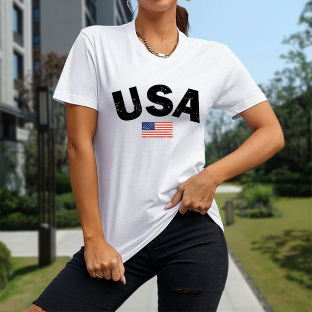 Camiseta Mujer Camiseta con la bandera americana para mujer camiseta de manga corta con letras camisetas de calle blanco XXL Ygjytge para Mujer Blanco T M Walmart en linea