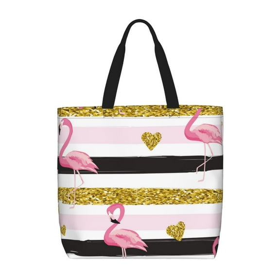 Pofeuu Gold Glittering Hearts and Flamingos Print Tote Bag for Women,Hobo HandBags with Zipper,Large Capacity Casual Shoulder Handbags with Inner Pockets