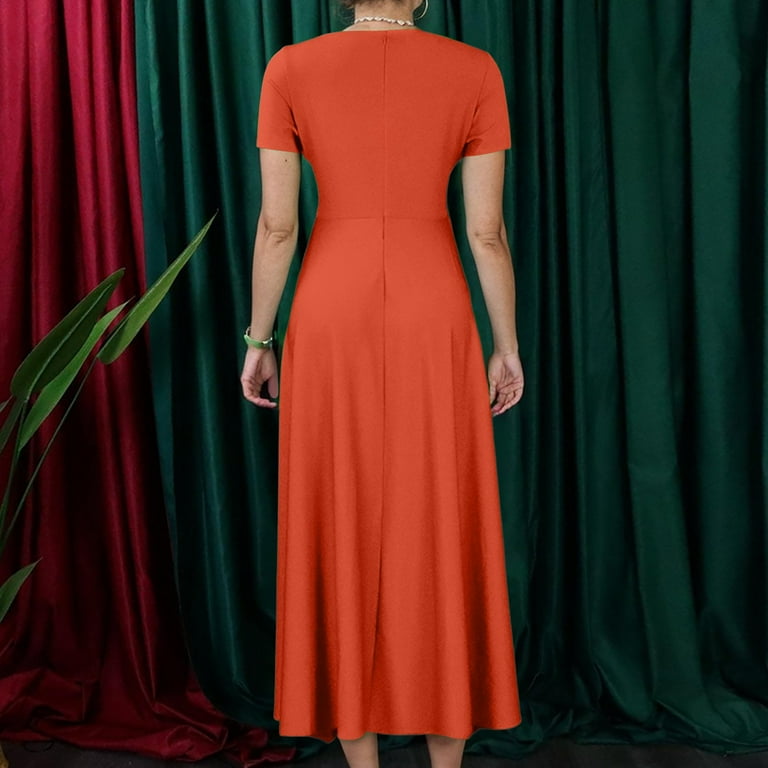 Evdexr Long Maxi Dresses for Women Plus Size Solid Color Dress Short Sleeve  Crew Neck Dresses Saffron 6XL - Walmart.com