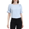 thumbnail image 1 of INSPIRE CHIC Women's Boat Neck Short Puff Sleeves Ruffle Top Blouses L Light Blue, 1 of 7