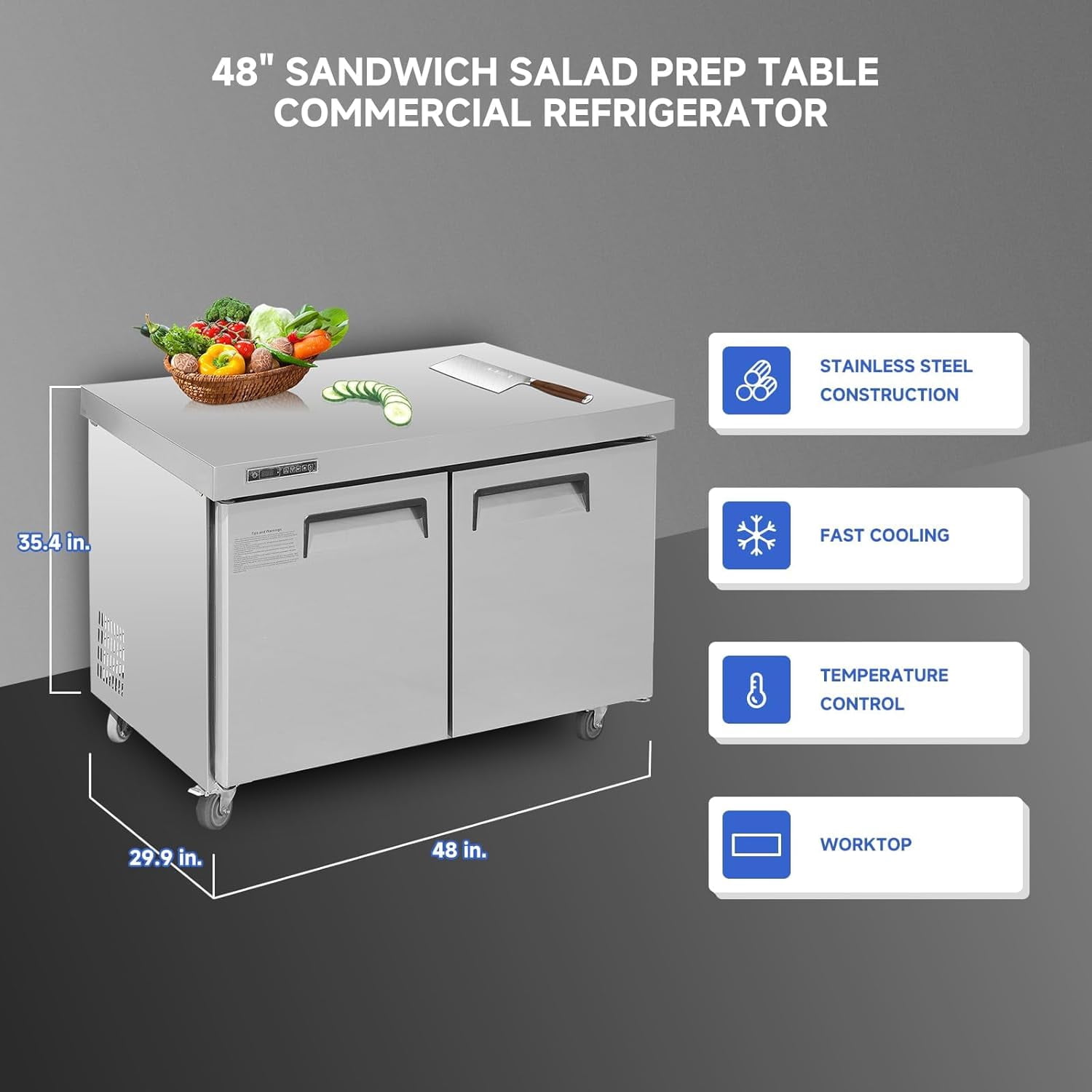 Yesurprise 48" Refrigerator Sandwich/Salad Prep Table Refrigerator7.42 cu. ft W 1 Door Commercial Stainless Steel Counter Food Prep Station Cooler Refrigerator for Restaurant Bar