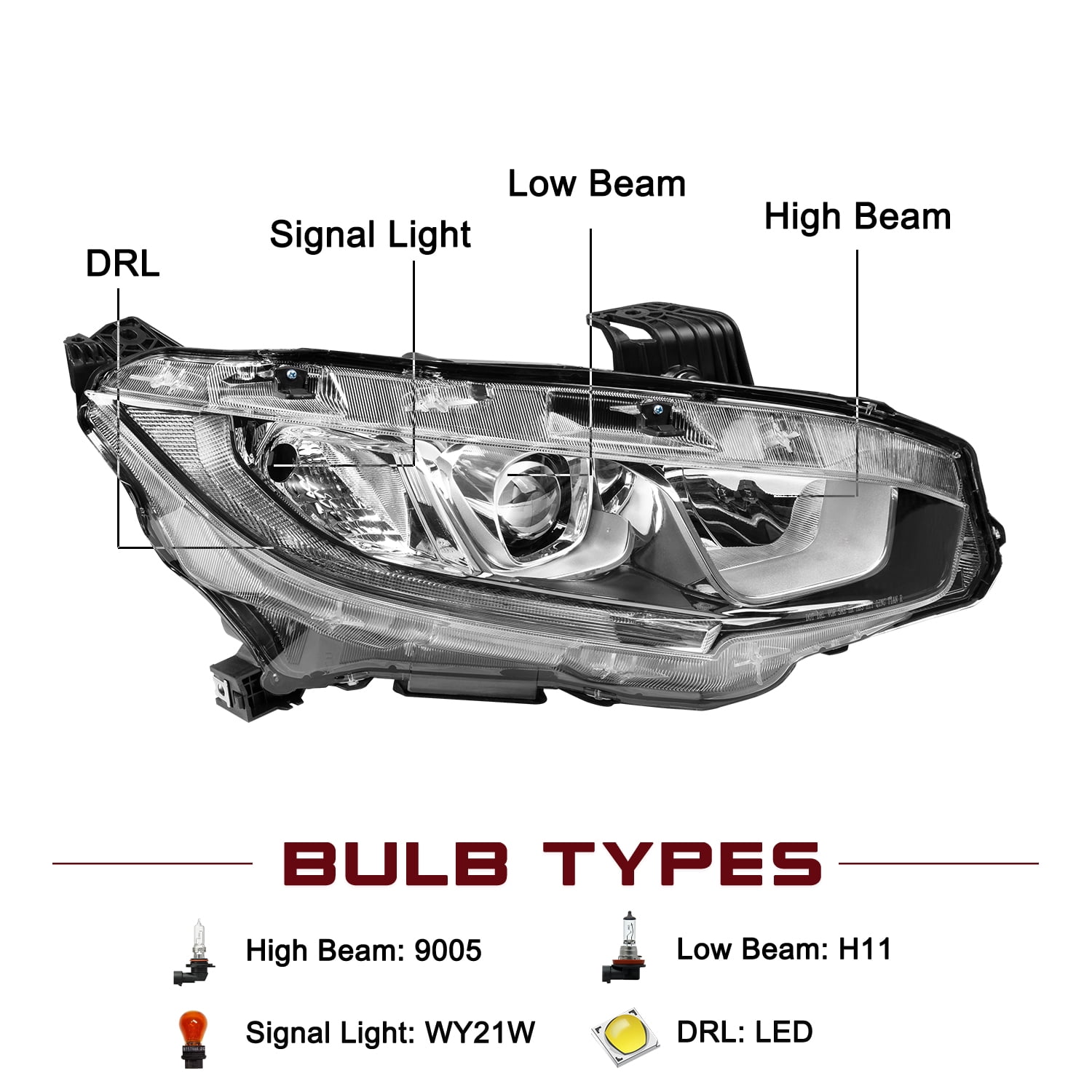 For 2016-2021 Honda Civic Projector W/LED DRL Chrome Headlights Assembly Pair