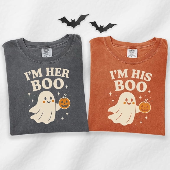 Yoofine Adult Matching Garment-Dyed Her Boo His Boo Halloween Ghost T-Shirt