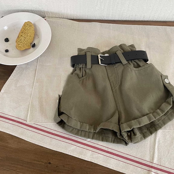 Girls Ruched Waist Roll Hem Denim Shorts with Blet