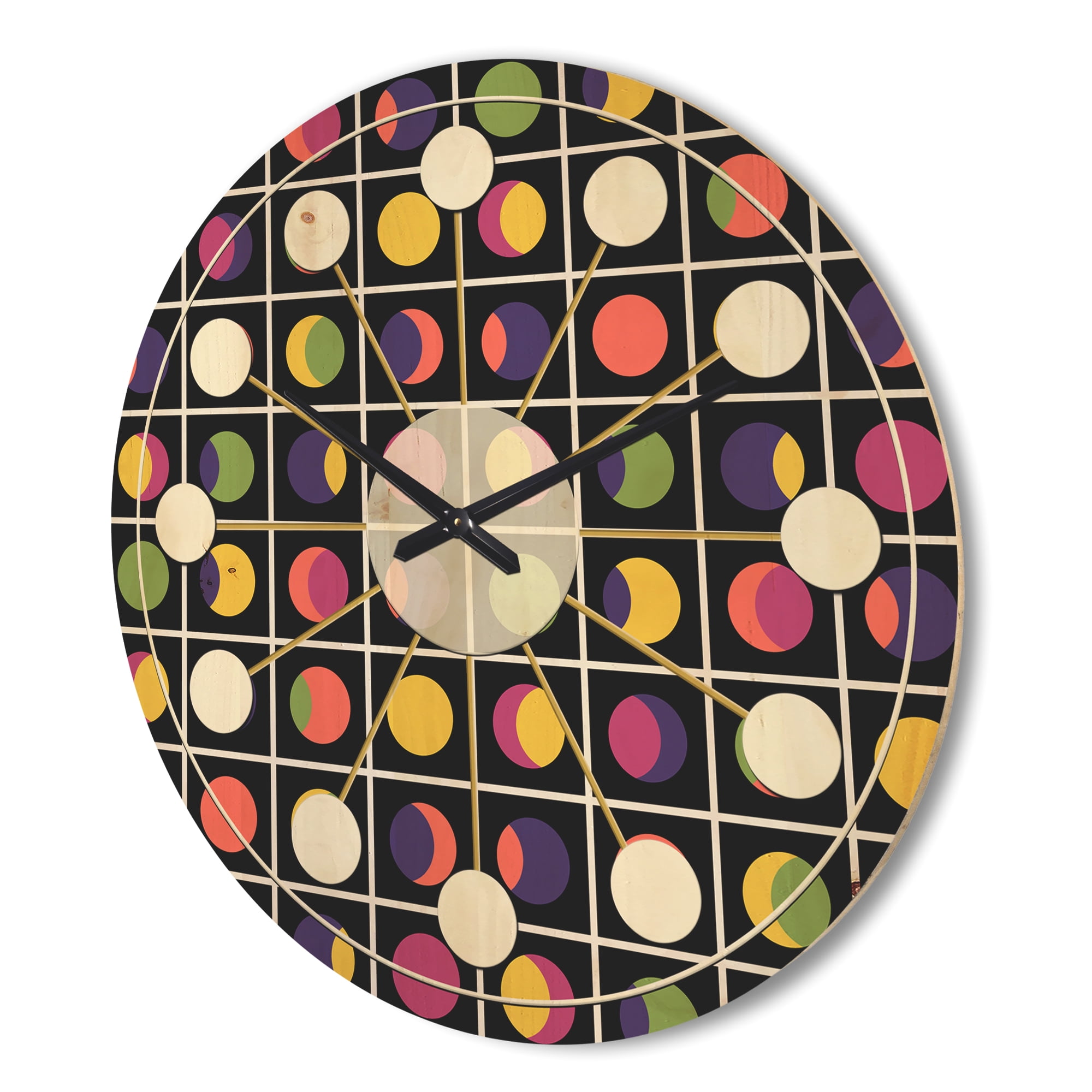 Designart 'Circular Moons Retro Pattern' Mid-Century Modern Wood Wall Clock