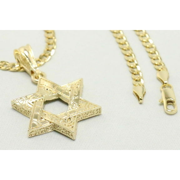 14k Bonded Gold Necklace with Star David Pendent, Best Christmas Unisex Gift for Women, Men Mother, Father, Girlfriend, Boyfriend, Her, Him, Cuban Chain with Charm by Artisan Jeweler