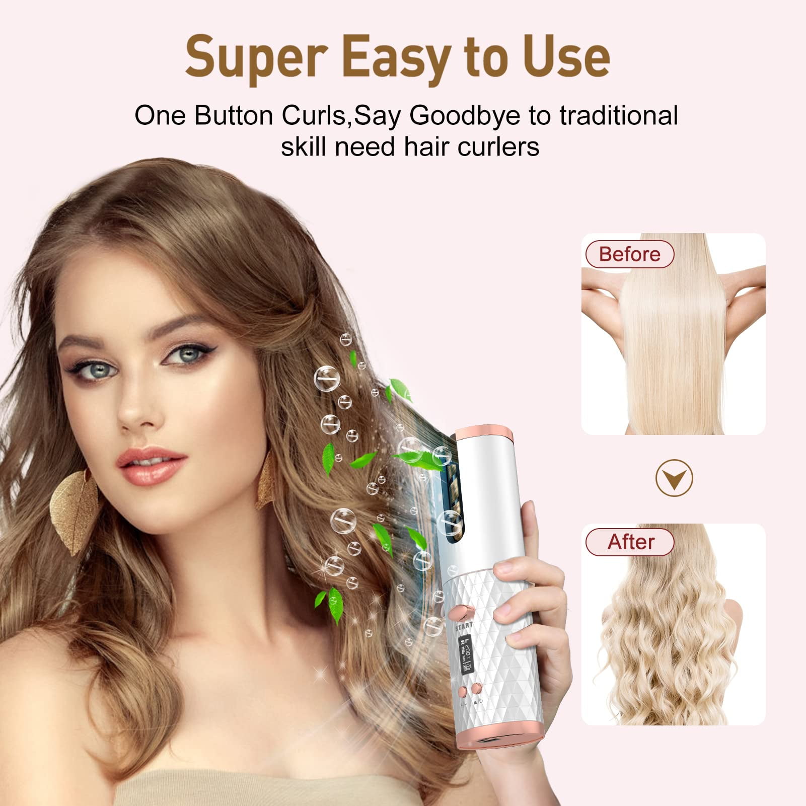 Cordless Hair Curler,Portable Hair Curler,Automatic Curling Iron, Rechargeable Hair Curler with 6 Temp & Timer LCD Display ,Fast Heating & Auto Shut Off Ceramic Rotating Hair Curler(White)