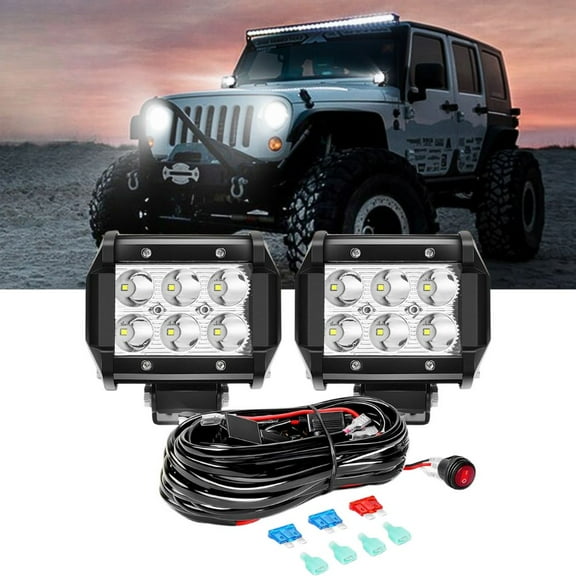 Waywe 2PCS 18W LED Pods Spot Light Bar Fog Light Driving Lighting with 16AWG Off Road Wiring Harness-2 Leads for Truck Golf Cart SUV ATV UTV Boat