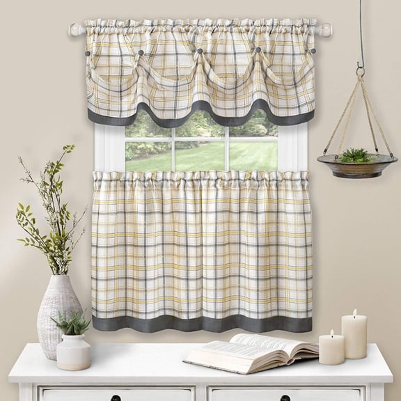 BULYAXIA Tier Pair and Valance Set Tattersall Window Curtain, 58" x 36", Grey