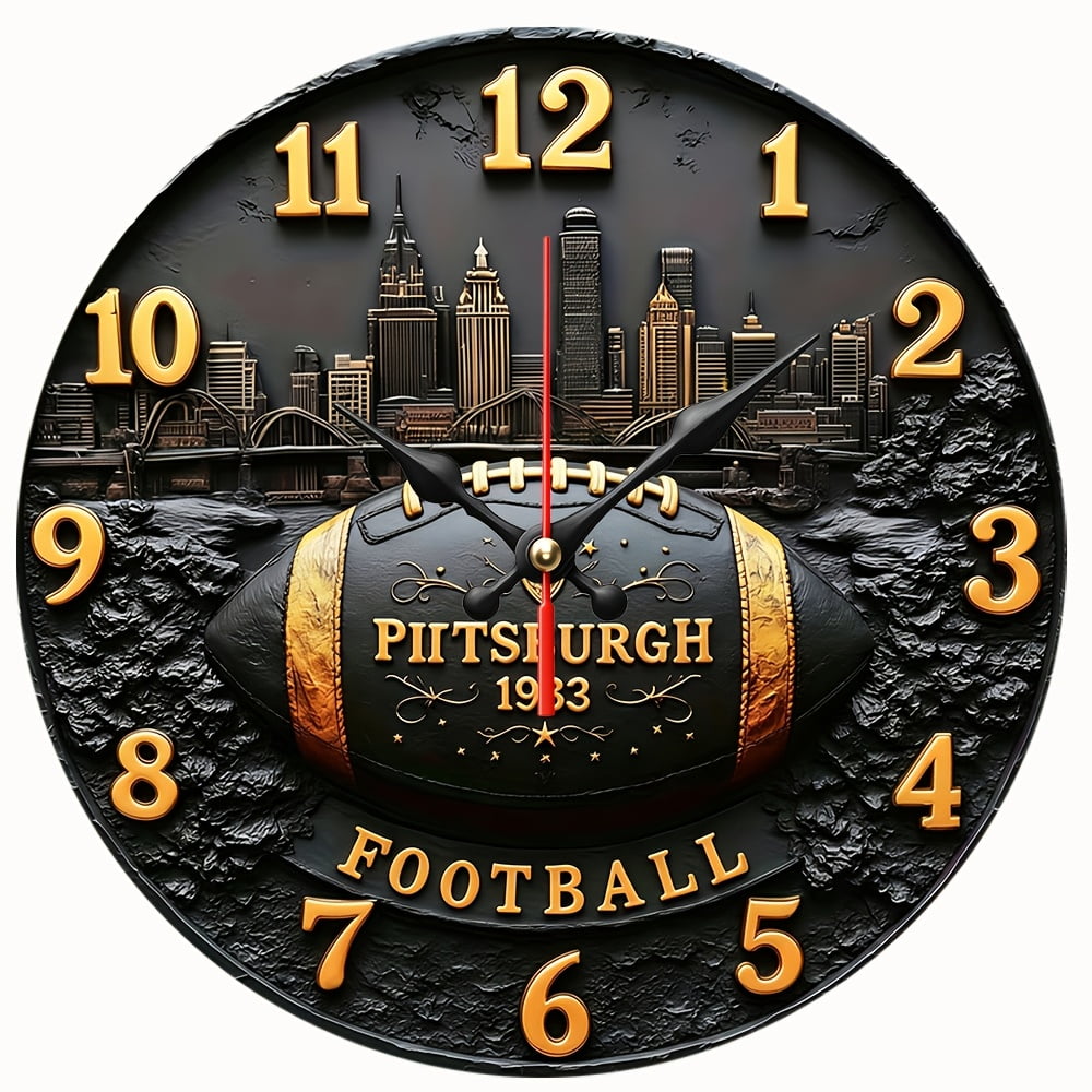 2D Flat Wooden Wall Clock,Football City Skyline Wall Clock, Silent Non‑Ticking Round Wall Clock, Retro Football Sport Art Decor Clock for Man Cave, Game Room,AA Battery Not Included