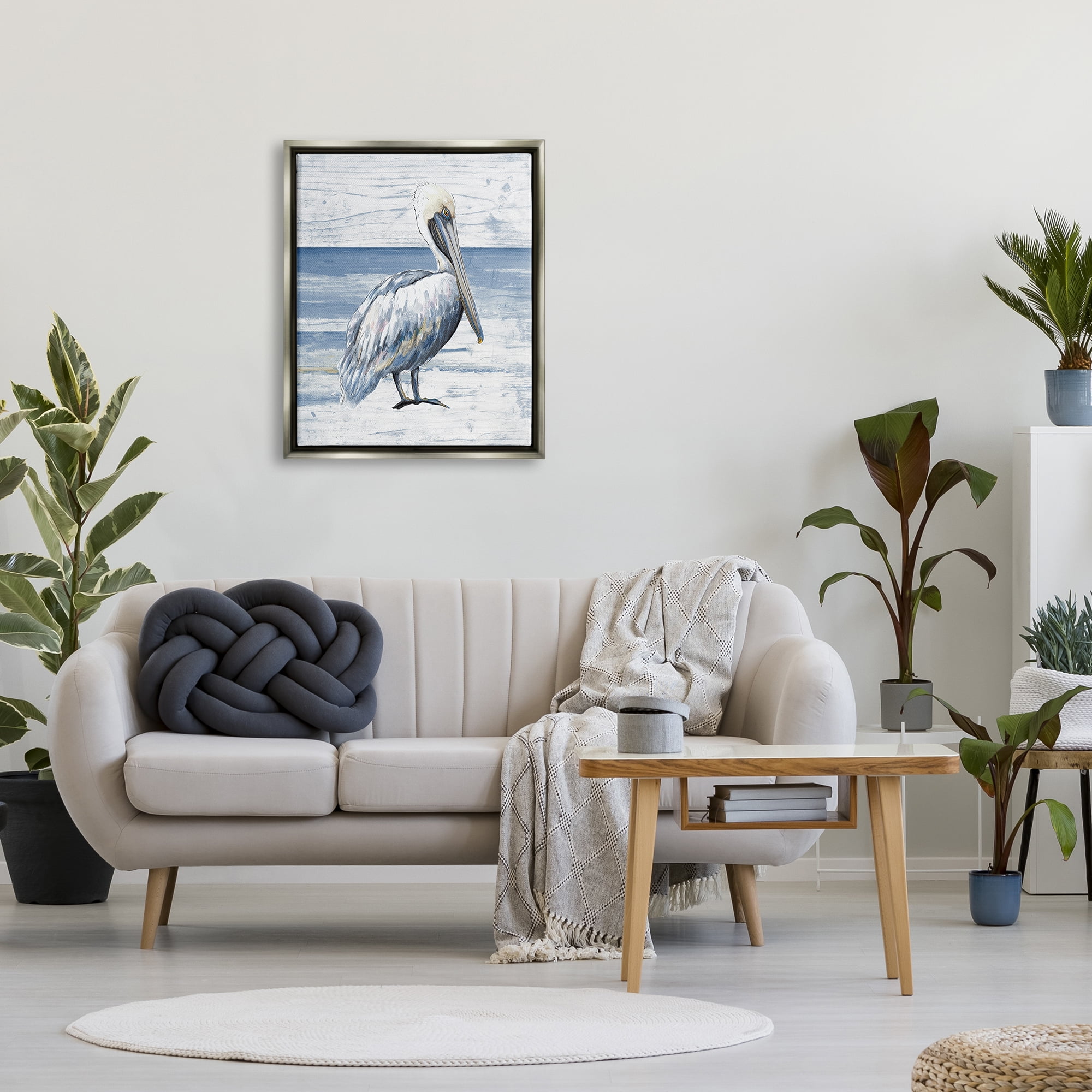 Stupell Industries Rustic Plank Pattern Pelican Animals & Insects Painting Gray Floater Framed Canvas Art Print Wall Art, 25 x 31