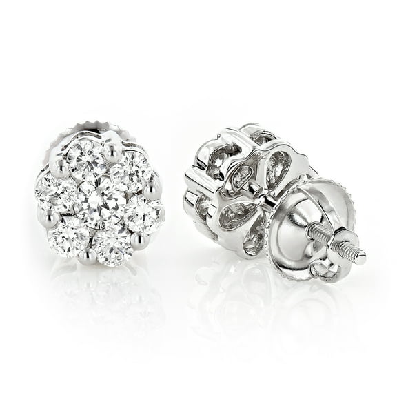Ladies 14k Gold Natural Diamond Clusters Earrings Studs For Her (White Gold)