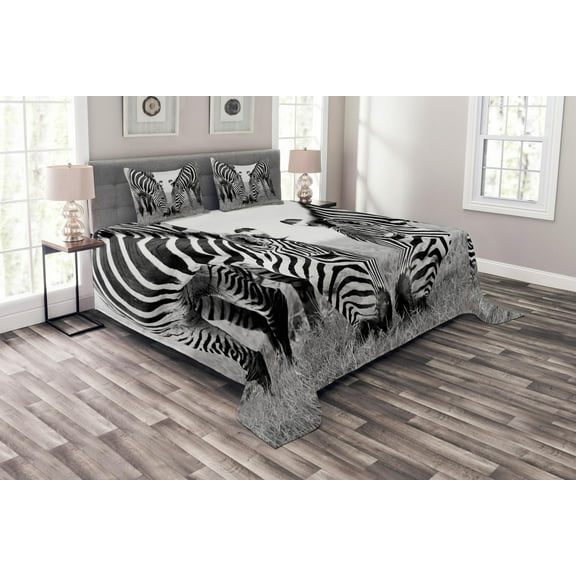 Ambesonne Zebra Quilted Bedspread Set 3 Pcs, Wildlife Burchell, King Size, White and Black
