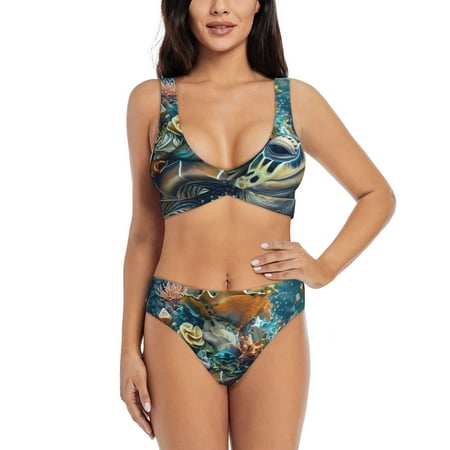 Zeuib Colorful Plant Turtle High Waisted Tummy Control Bikini Set - Knot Front Push Up Top & Cheeky Thong Bottom  Two-Piece Swimsuit for Women-Medium