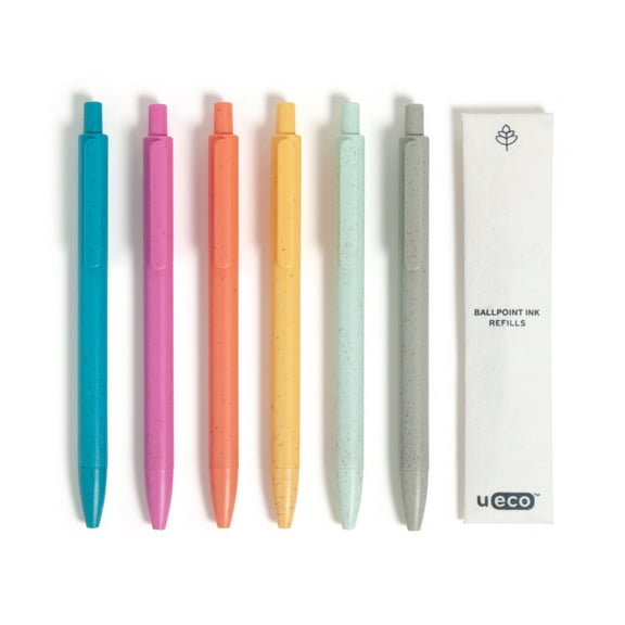 U Brands U-Eco Ballpoint Pens, 6 Count   6 Ink Pen Refills, Sunset Speckle, Medium (0.7mm) Point, Black Ink