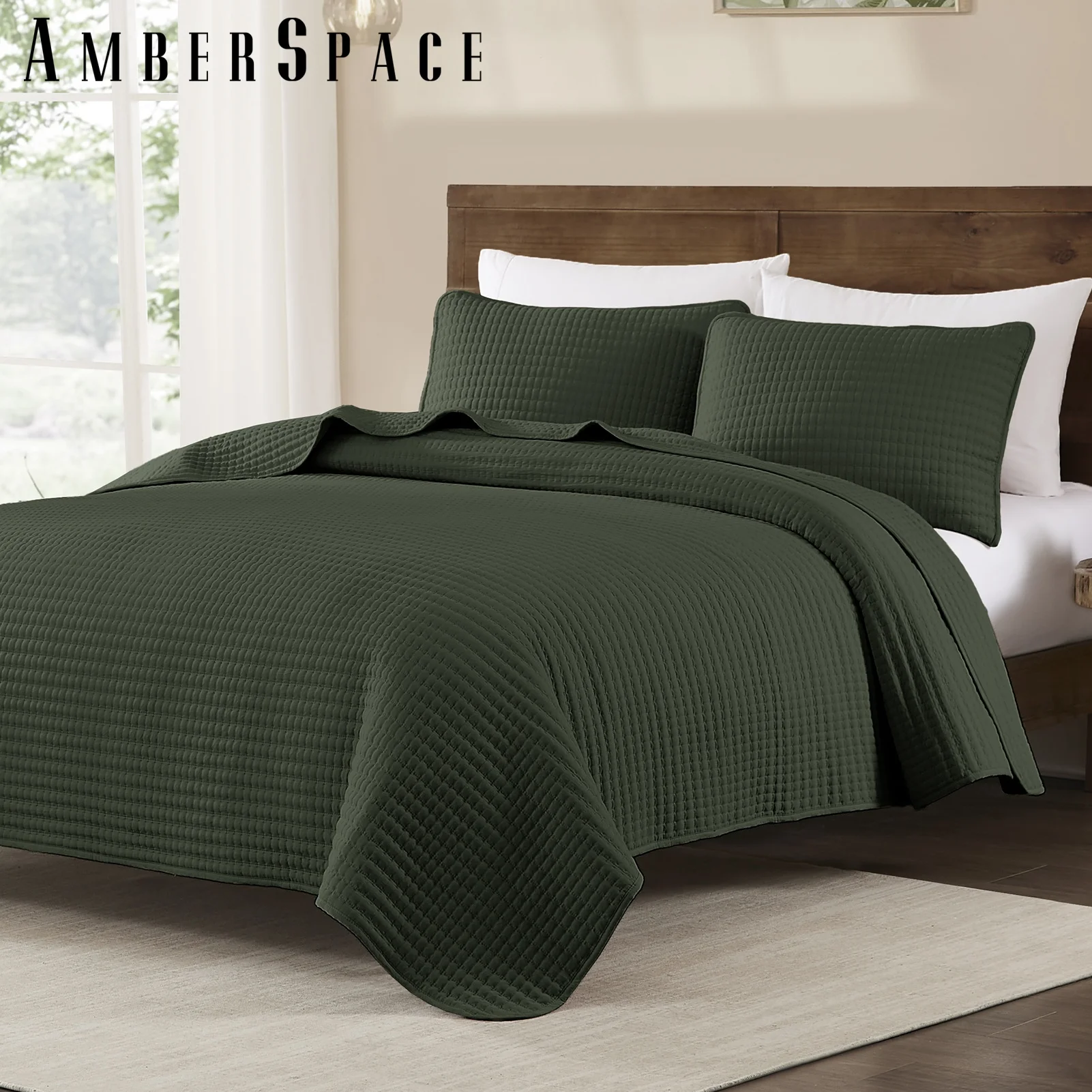 Amberspace Lightweight 3-Piece Bed in a Bag Quilt Set with Pillow Shams,Dark Green,Queen