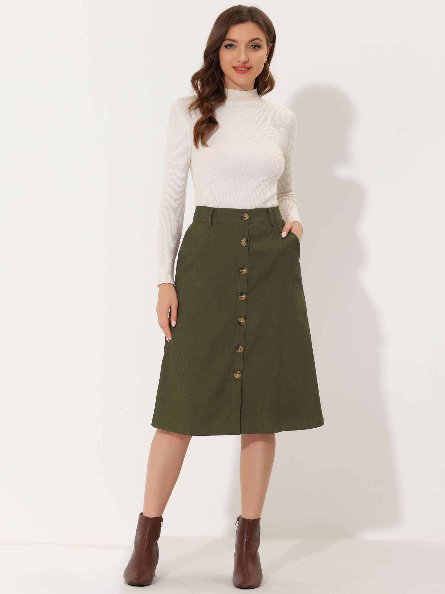 DARING DIVA Women's A-Line Button Front Belted Midi Skirts XS Green