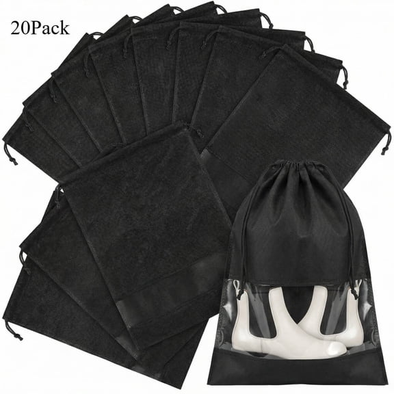 20 Pack Shoe Bags for Travel, Large Travel Shoe Bags for Packing with Clear Window, Dustproof Drawstring Travel Shoe Storage Bags Travel Essentials for Men & Women, Black (20, Black)