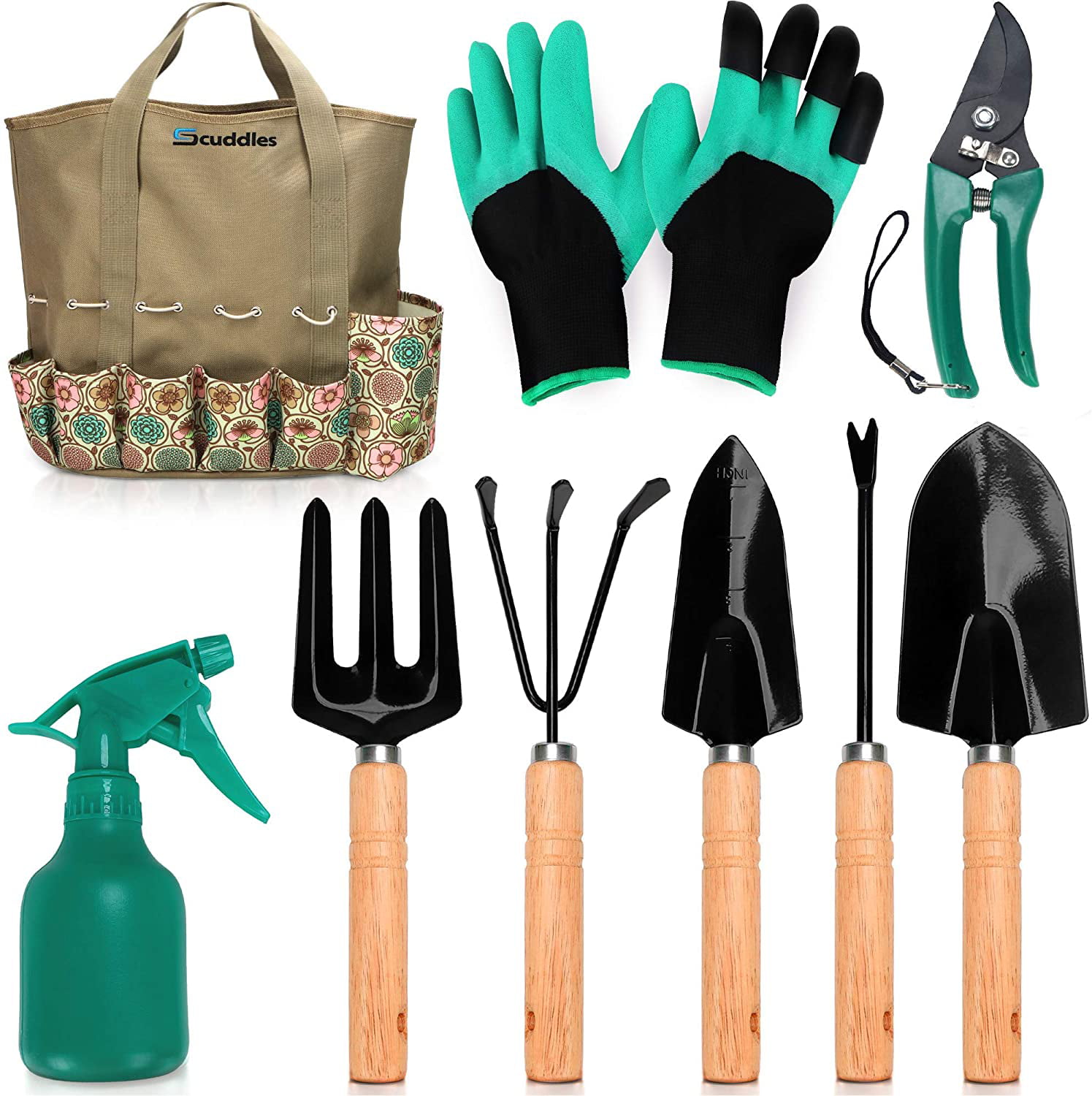 6PCS Floral Print Gardening Tools Kit with Storage Tote Garden Tool Set Plant Rope/Tags Digging Claw Gardening Gloves Kneeling Pad Handheld Sprayer 