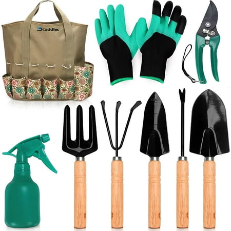 Scuddles Garden Tools Set - 8 Piece Heavy Duty Gardening Kit with Storage Organizer  Ergonomic Hand Digging Weeder Rake Shovel Trowel Sprayer Gloves Gift for Men Or Women