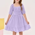 thumbnail image 3 of Abcomgle Girl's Summer Tie Backless Dress Tie Backless A-Line Lantern Sleeve Tshirt Dresses Cute Summer Square Neck Casual Sundresses for 4-14t Kids,Purple,5-6Years, 3 of 5