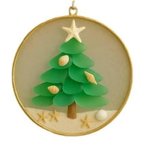Taicans Sea Glass Christmas Tree Ornament - Christmas Tree Ocean Theme Coastal Holiday Decor with Seashells & Stars,Gold Frame,Unique Glass Art for Xmas Gifts,Beachy Home Decor