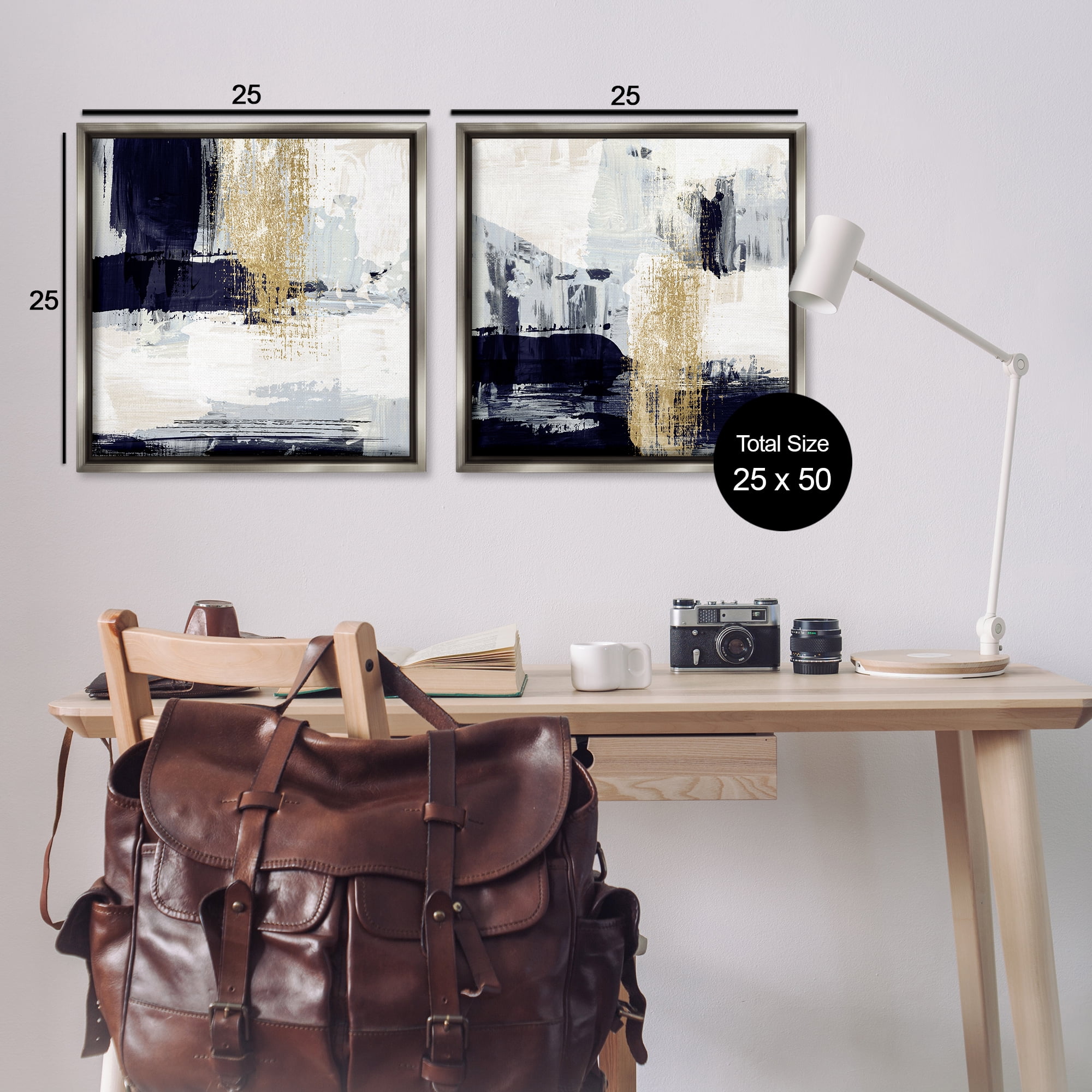 Stupell Industries Patchy Navy Gold Abstract Abstract Painting Gray Floater Framed Canvas Art Print Wall Art, 25 x 25, Set of 2