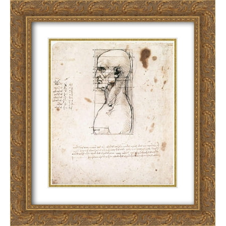 Leonardo da Vinci 2x Matted 20x24 Gold Ornate Framed Art Print 'Bust of a man in profile with measurements and