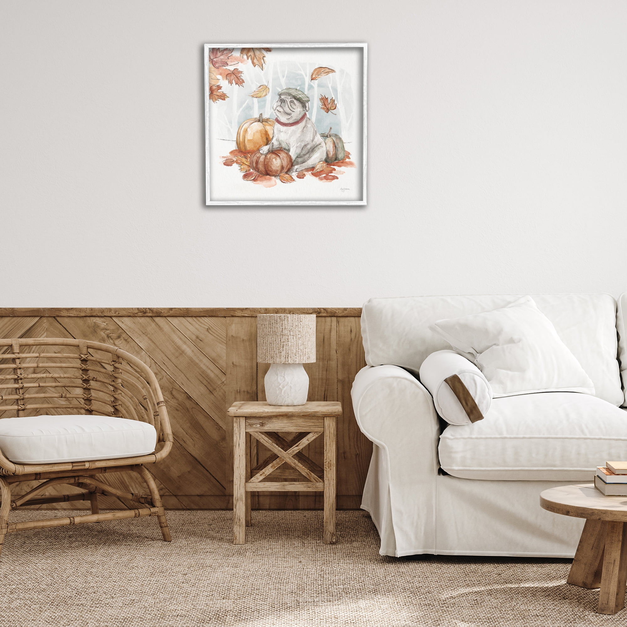 Stupell Industries Autumnal Bulldog Scene Holiday Painting White Framed Art Prints Wall Art, 24 x 24