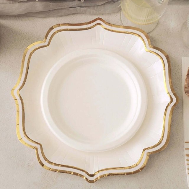 CUITING 25 Pack White Pink Paper Dessert Plates in Damask Floral Pattern 8” Round Disposable Salad Appetizer Plates with Scalloped Rims - 300 GSM