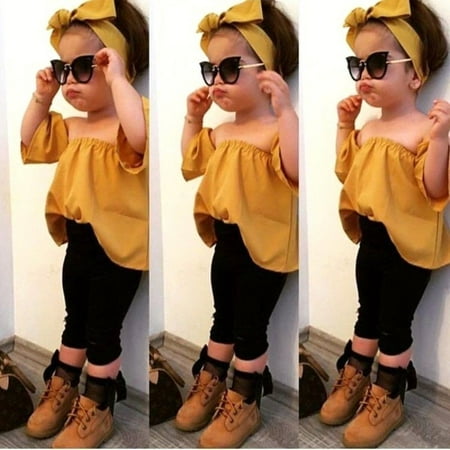 

Toddler Baby Girl Off Shoulder Crop Vest Tank Top+Long Pants Trousers Headband Outfits Clothes 2-7T