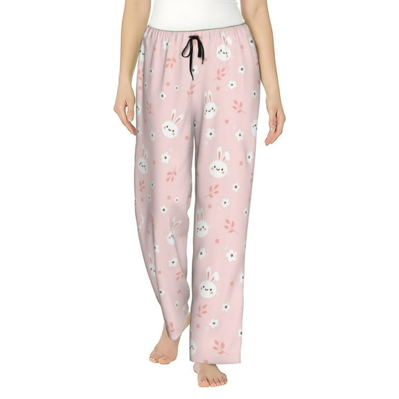 Logiee Cute Bunny Print Women Pajama Pants,Comfy Pj Bottom with Pockets & Drawstring,Stretch Casual Sleepwear-Small