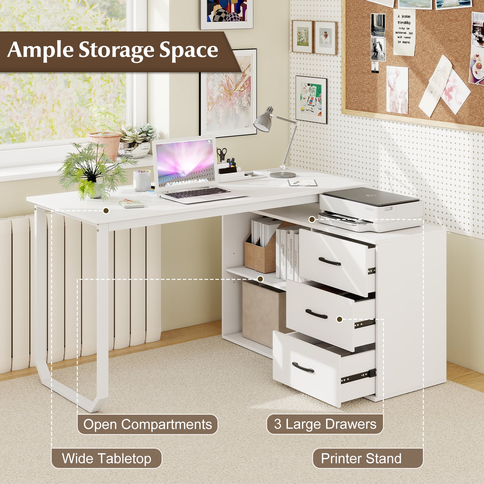Costway L-Shaped Desk with Power Outlet 55" Reversible Computer Desk with 3 Drawers White