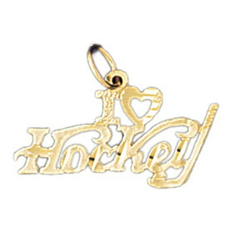 14K Yellow Gold I Love Hockey Pendant - 16 mm