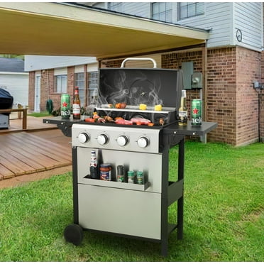 Bryndell 4-burner 34200BTU Propane Gas BBQ Grill with Foldable Side Table, Hanging Basket, Enamel Cooking Grids, Stainless Steel, Black   Grey