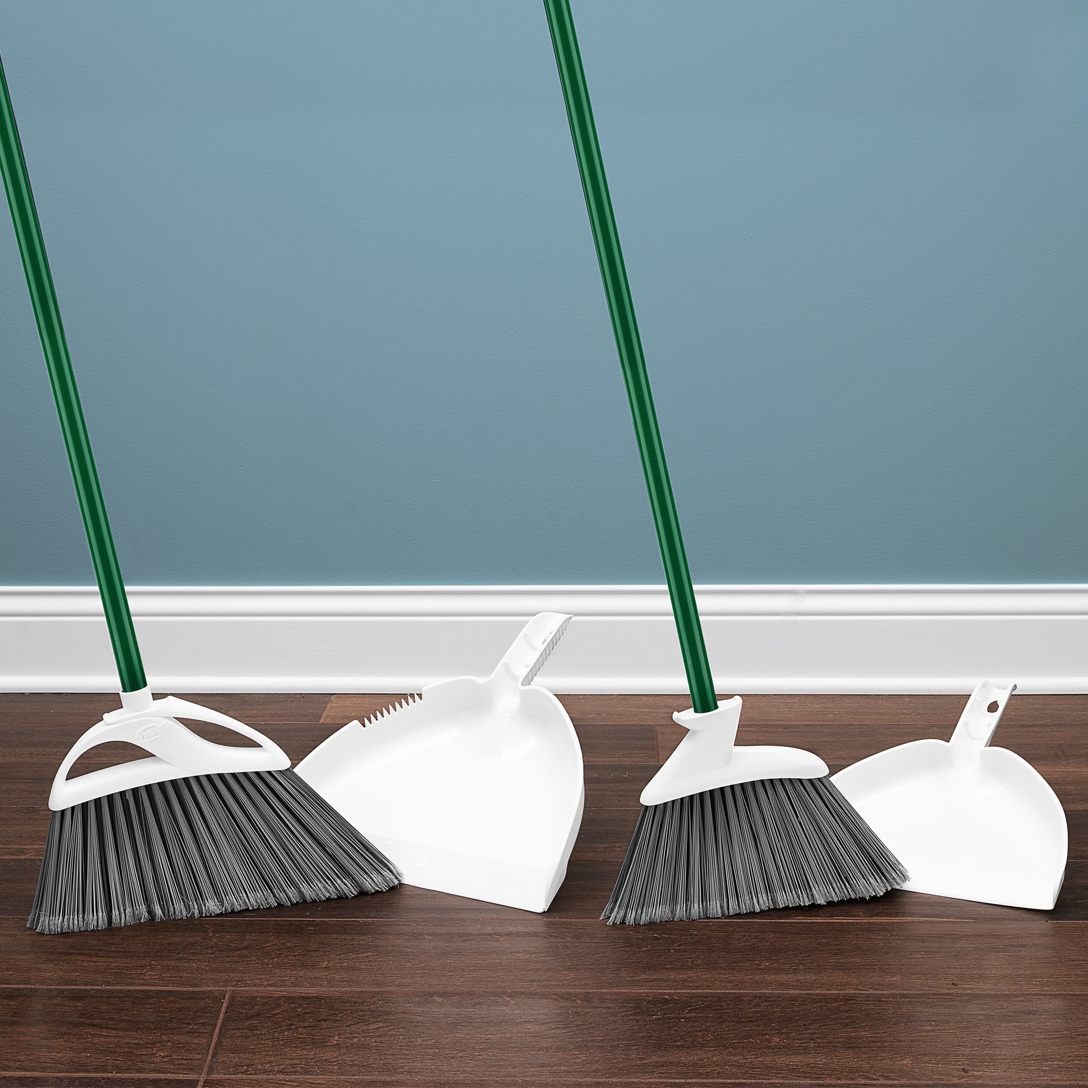 Libman Angle Brooms and Dust Pans Value Pack Green / White Steel Handle (2 Brooms 2 Dustpans)