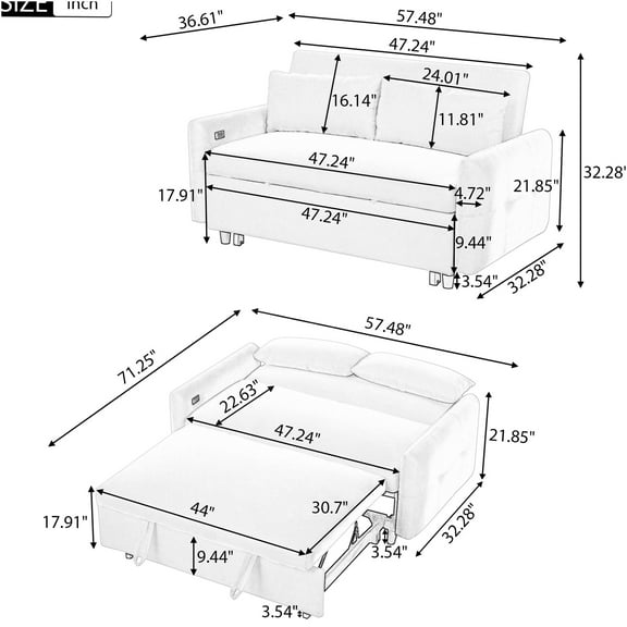 JERFIT Modern Convertible Sleeper Sofa Bed with USB Ports, Pull-Out Loveseat Couch with Adjustable Backrest and Pillows for Small Space, Beige Corduroy