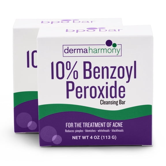 DermaHarmony 10% Benzoyl Peroxide Cleansing Bar (Non-Soap) - 2 Bars - Unscented