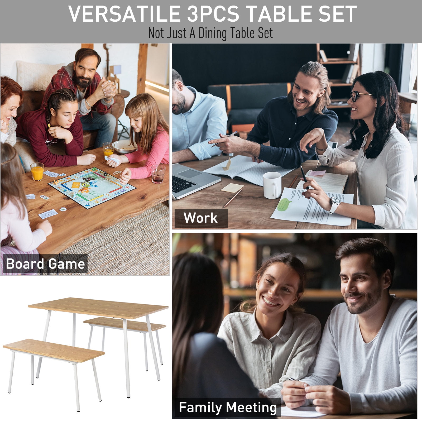 HOMCOM 3 Piece Table Dining Set with 2 Matching Benches P2 Grade MDF Steel Legs Dining Room Able to Sit 6 People Brown