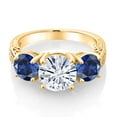 thumbnail image 2 of Gem Stone King 18K Yellow Gold Plated Silver White Moissanite and Blue Created Sapphire Engagement Ring for Women | 3.90 Cttw | Round 8MM | Gemstone Birthstone | Size 7, 2 of 5