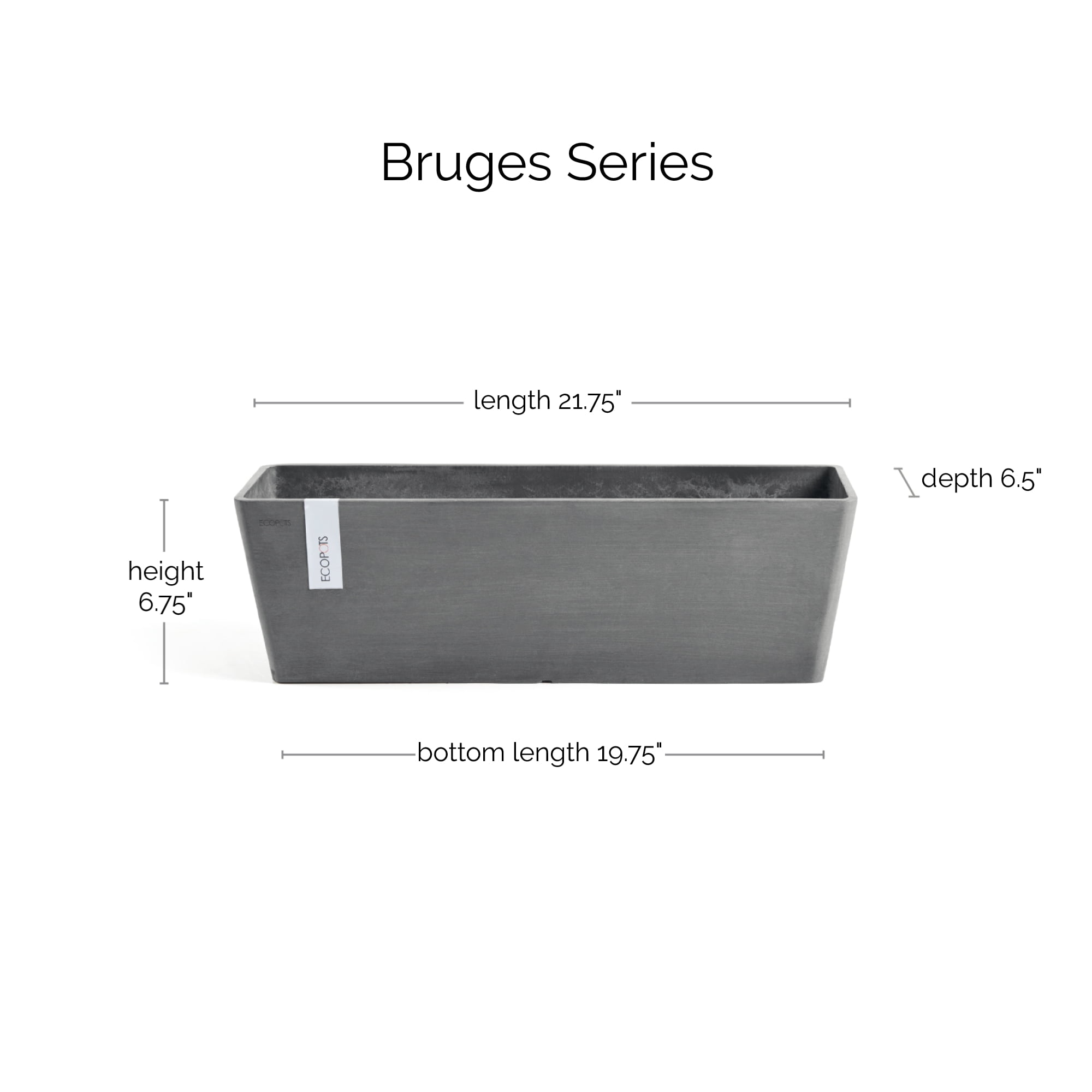 Ecopots Bruges Durable Modern Rectangular Indoor/Outdoor Recycled Based Composite Flower Pot Planter, Grey, 21.5"
