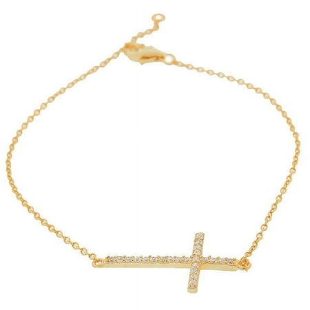 925 Sterling Silver Rose Gold-Tone White CZ Sideways Cross Link Chain Bracelet