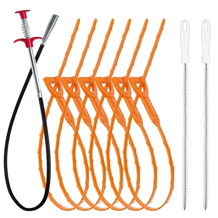 35.5inch Drain Clog Remover(1pcs), 25inch Drain Snake Hair Remover(6pcs) ＆ Cleaning Brush(2pcs), Hair Catcher Drain Auger Cleaner Tool Set For Toilet, Kitchen Sink, Bathroom Tub, Sewer, 9 Pack C27