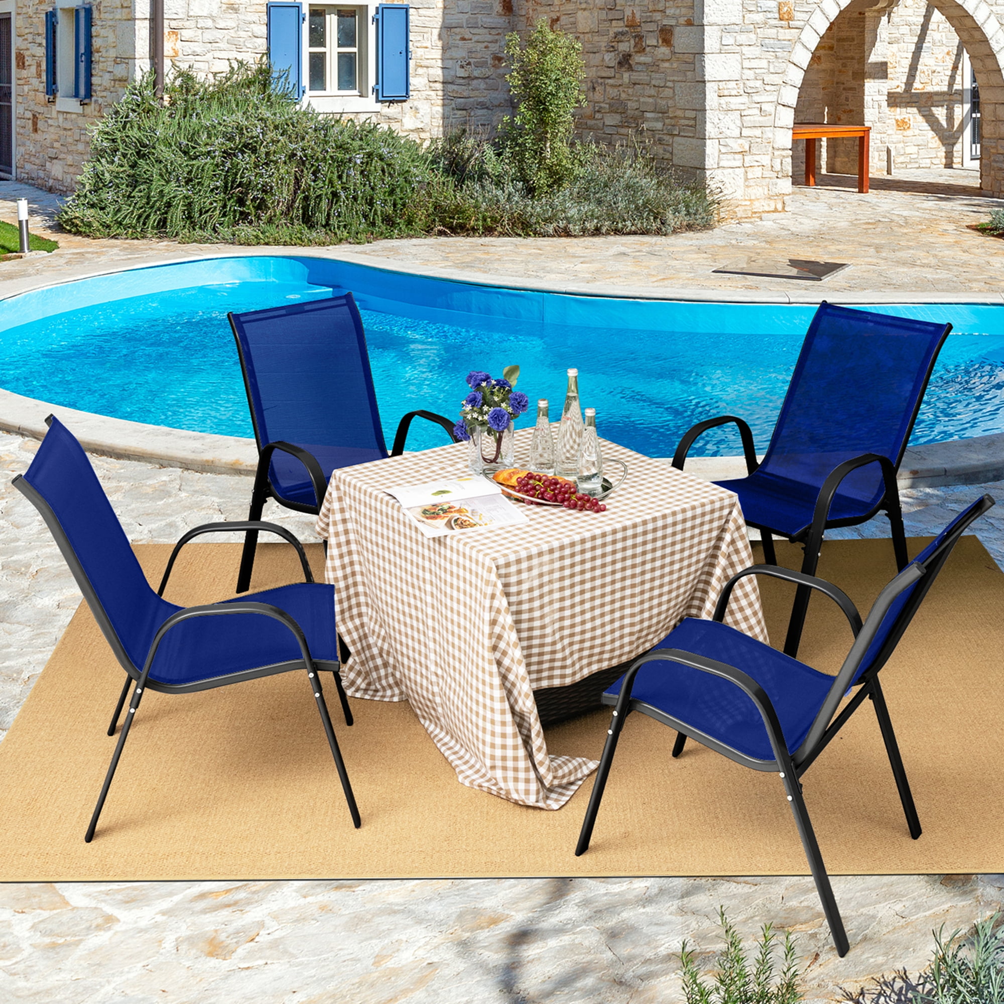 Costway Set of 4 Patio Dining Chairs Stackable Armrest Space Saving Garden Navy
