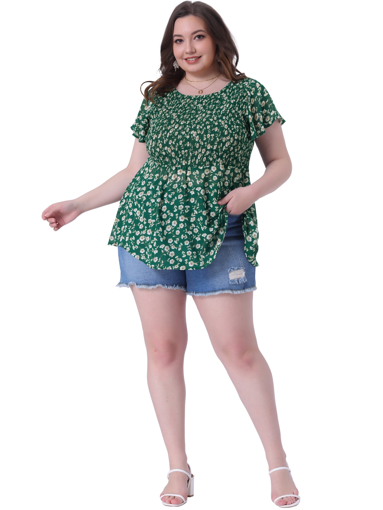 DARING DIVA Women's Plus Chiffon Flare Short Sleeves Floral Top 4X Green