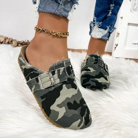 

Women s Buckle Belt Flat Mules Closed Toe Non-slip Sole Clog Slippers Casual Walking Shoes
