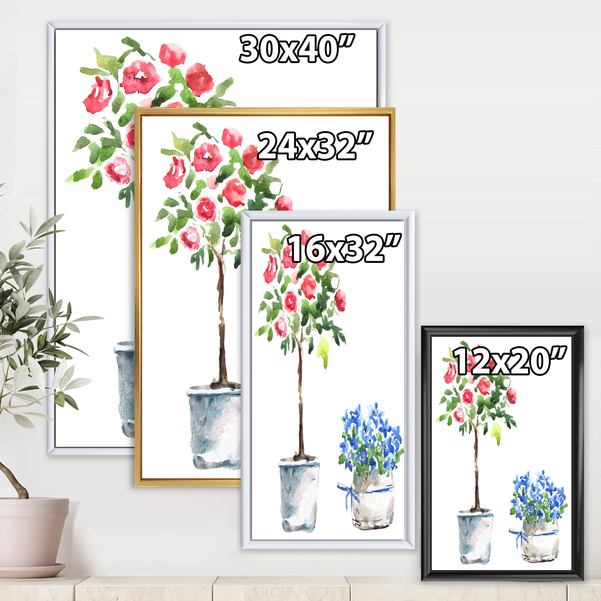 Designart 'Red and Blue Houseplants' Traditional Framed Canvas Wall Art Print