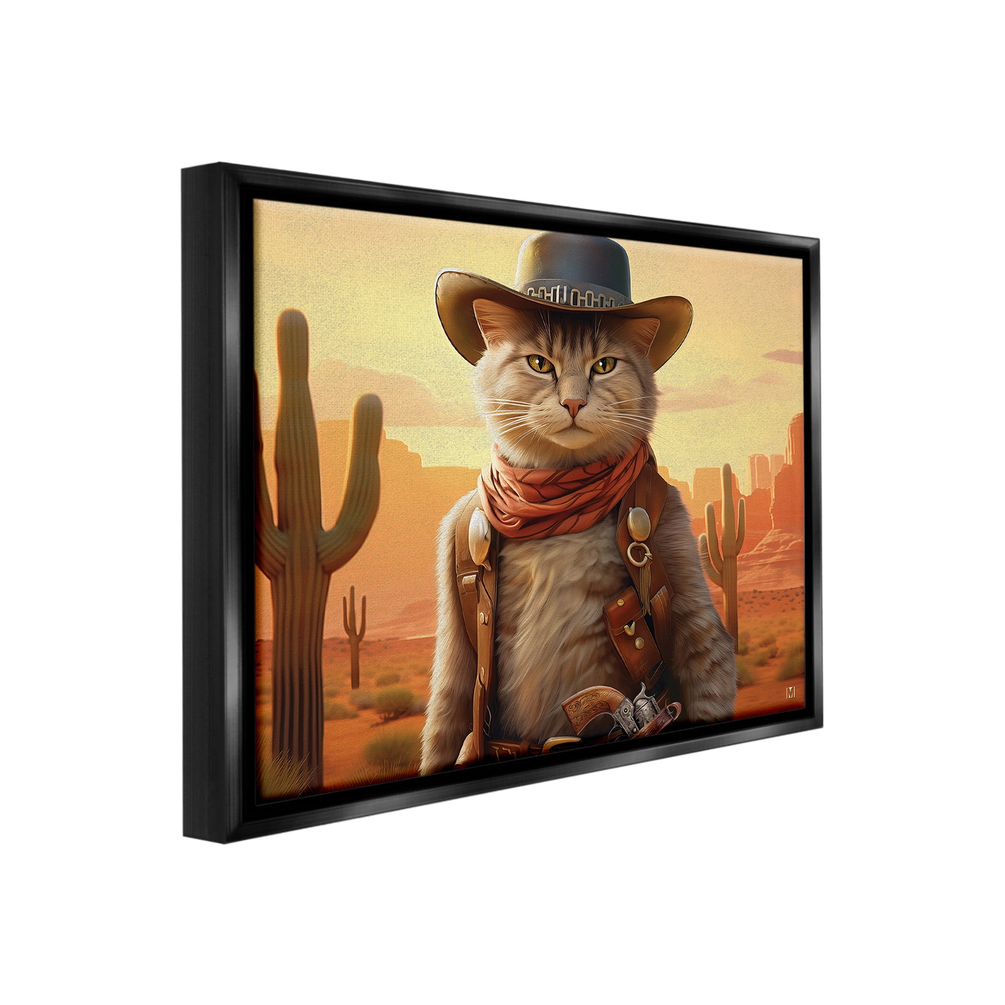 Stupell Industries Cowboy Sheriff Cat Animals & Insects Painting Black Floater Framed Canvas Art Print Wall Art, 21 x 17