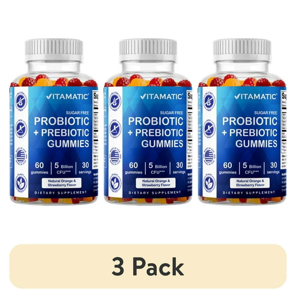 (3 pack) Vitamatic Probiotic Sugar Free Gummies for Men and Women 5 Billion CFUs - Digestive, Immune & Gut Health - Gluten FreeVitamatic Probiotic Sugar Free Gummies for Men and Women 5 Billion CFUs