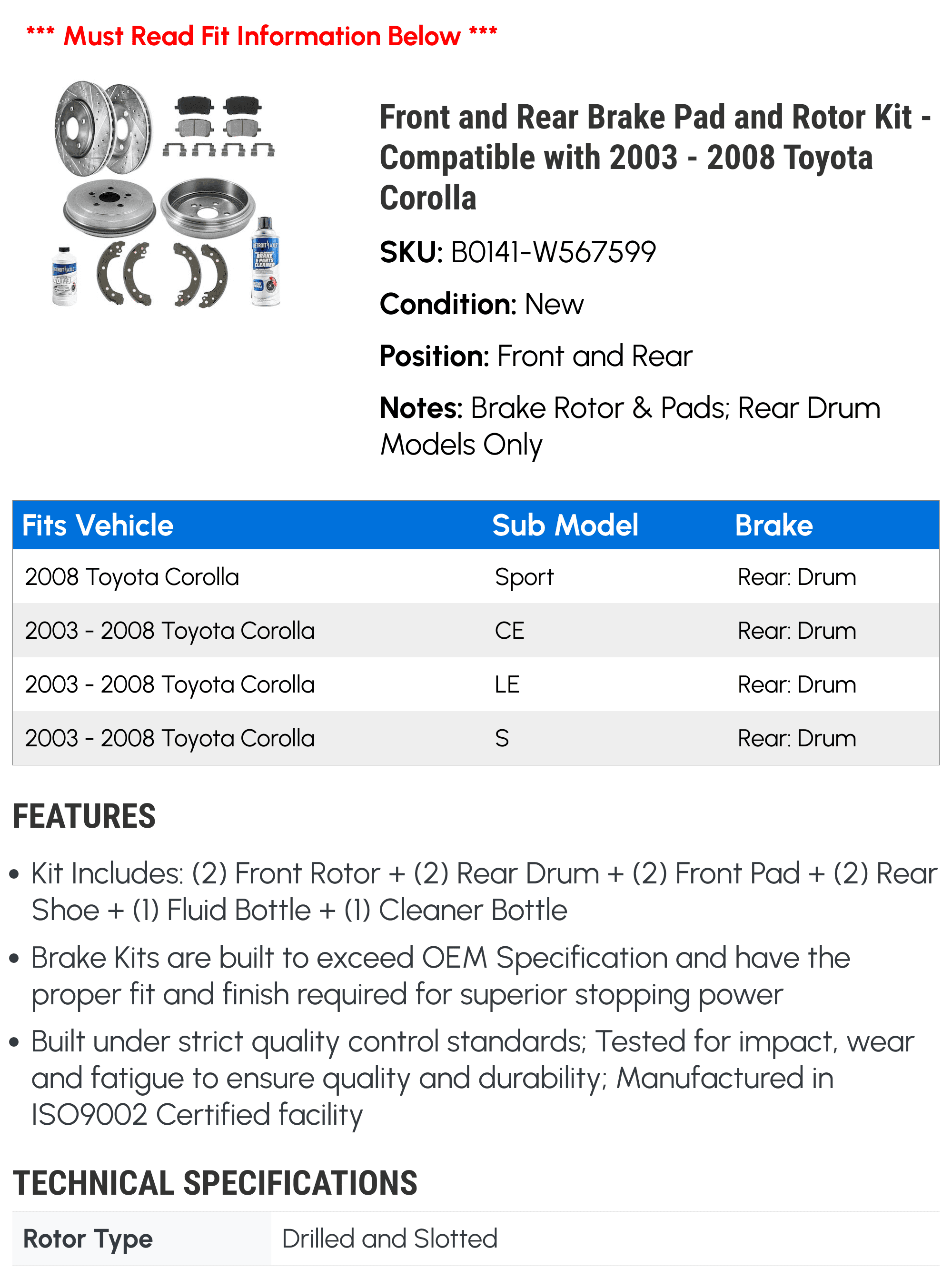 Front and Rear Brake Pad and Rotor Kit - Compatible with 2003 - 2008 Toyota Corolla 2004 2005 2006 2007